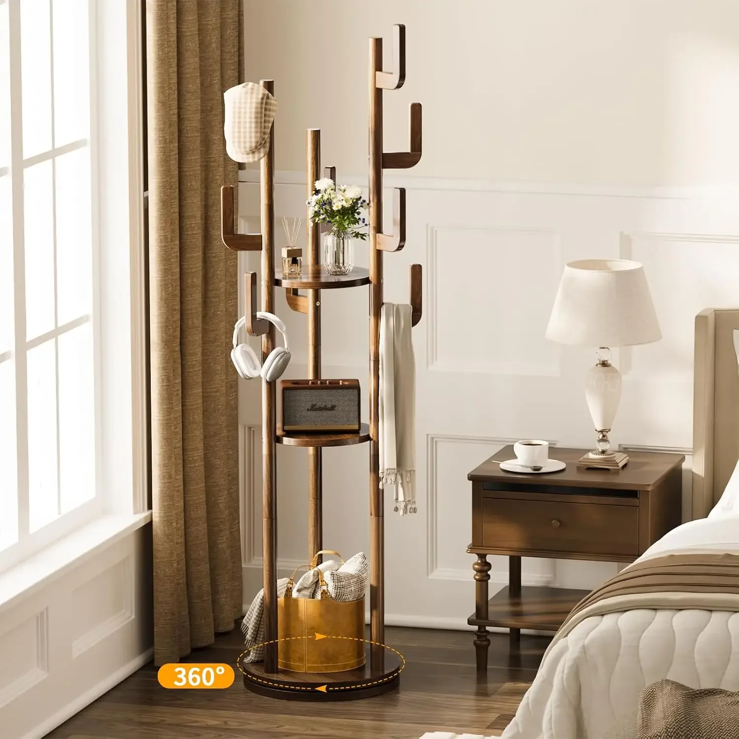 Rotary Coat Rack Freestanding - Solid Wood Coat Tree with 9 hooks & 3 Storage Shelves for Purse, Bag, Jacket, Hat, Corner