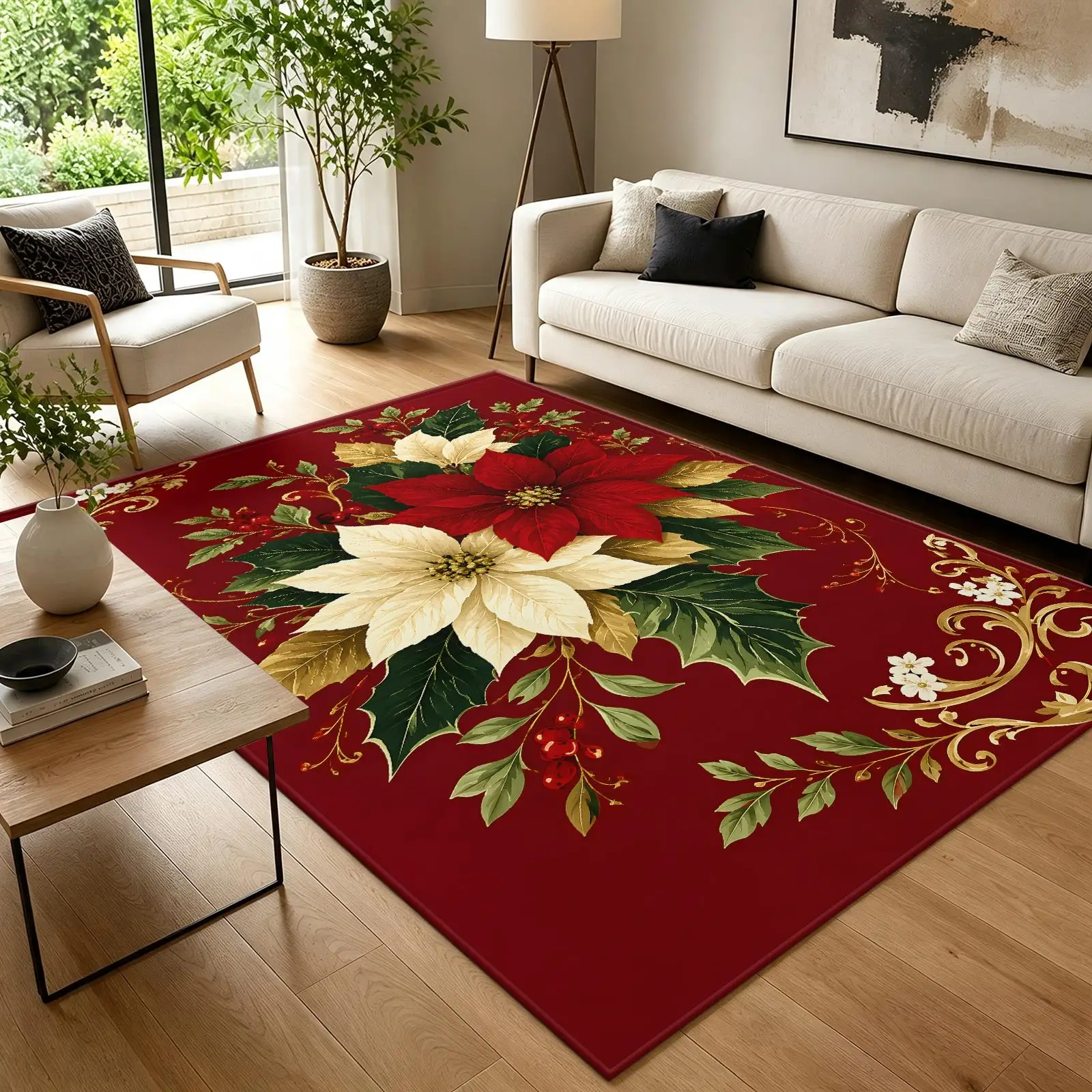 1pc 2D Flat Christmas Red‑White Poinsettia Holly Berry Printed Floor Mat, Decorative Rug for Living Room, Bedroom, Home