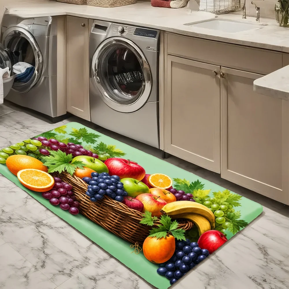 3PCS Mat Set,  Home Decoration for Front Door, Kitchen,  Fruit Basket With Grapes Oranges Apples Bananas And Leaves Kitchen Rug.