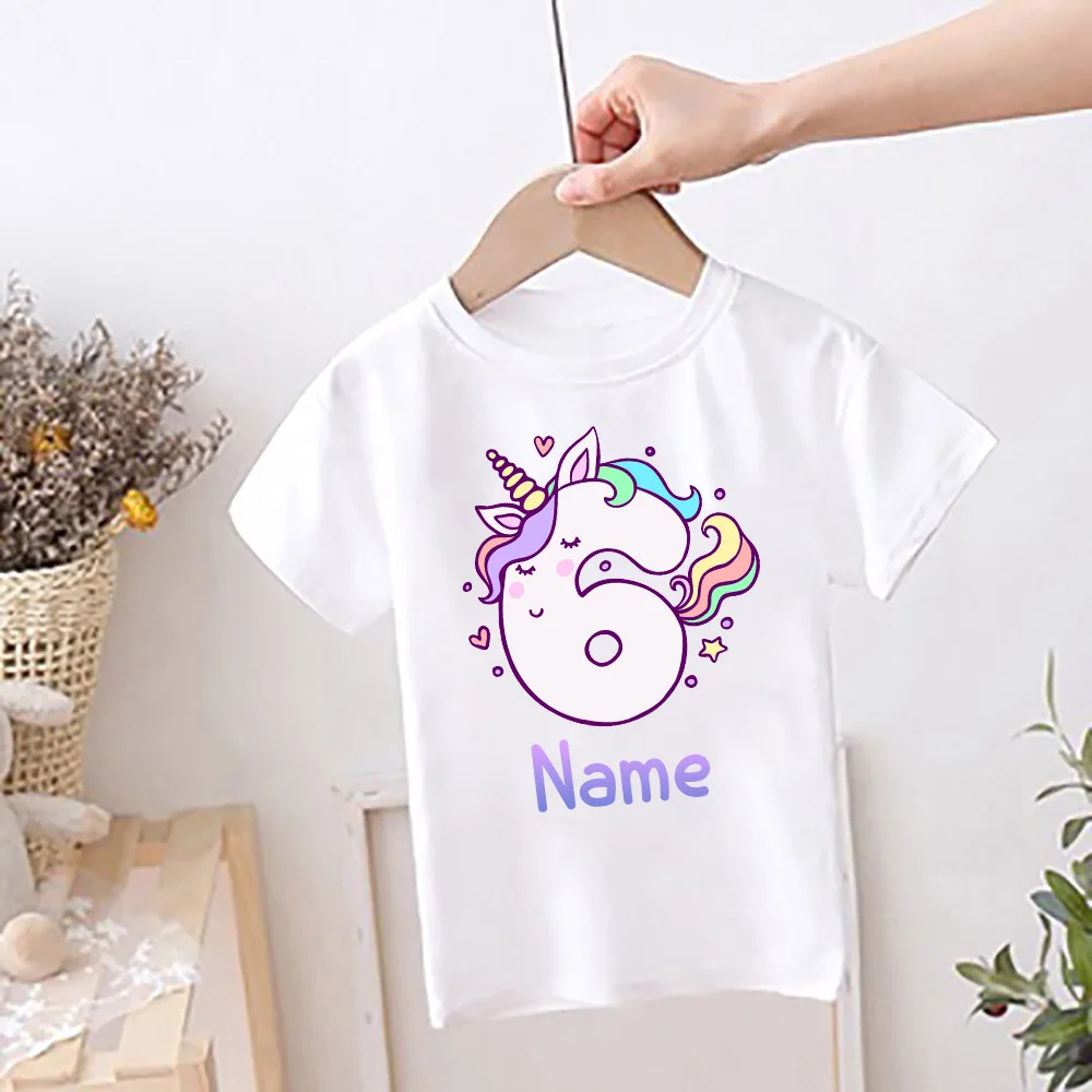 Camiseta con estampado de unicornio personalizado para niños, ropa con nombre personalizado, Tops para niñas, trajes de fiesta de cumpleaños, camiseta Linda