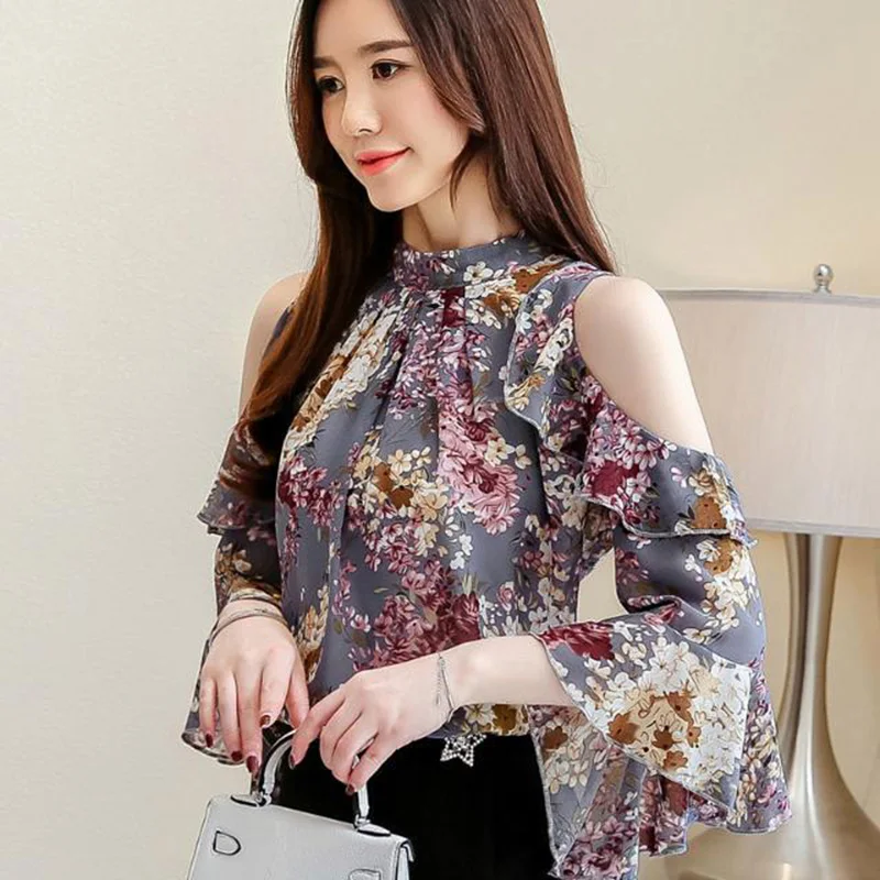 Vintage Printed Butterfly Sleeve Oversized Off Shoulder Chiffon Blouse Summer Casual Tops Elegant Women\'s Clothing Commute Shirt