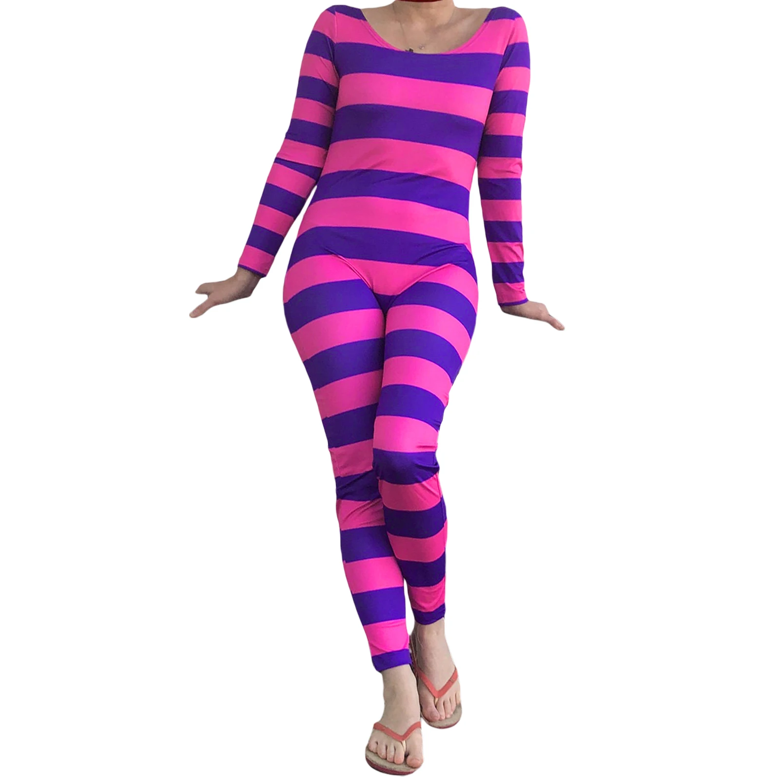 Women\'s Cheshire Cat Halloween Costume Pink Purple Striped Long Sleeve Jumpsuit Cosplay Outfit Festival Costumes