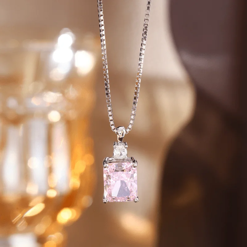 

1pc Pink Square Radiant Cut Zirconia Dazzling Pendant Necklace Birthstone Jewelry, Sparkling Fashion Accessory.