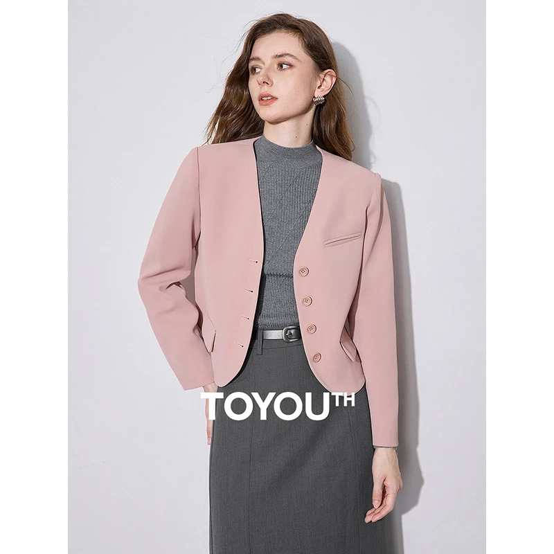 TOYOUTH Women Blazer 2024 Autumn Winter New Elegant V-neck Single Breasted Button Short Style Cardigan Jacket