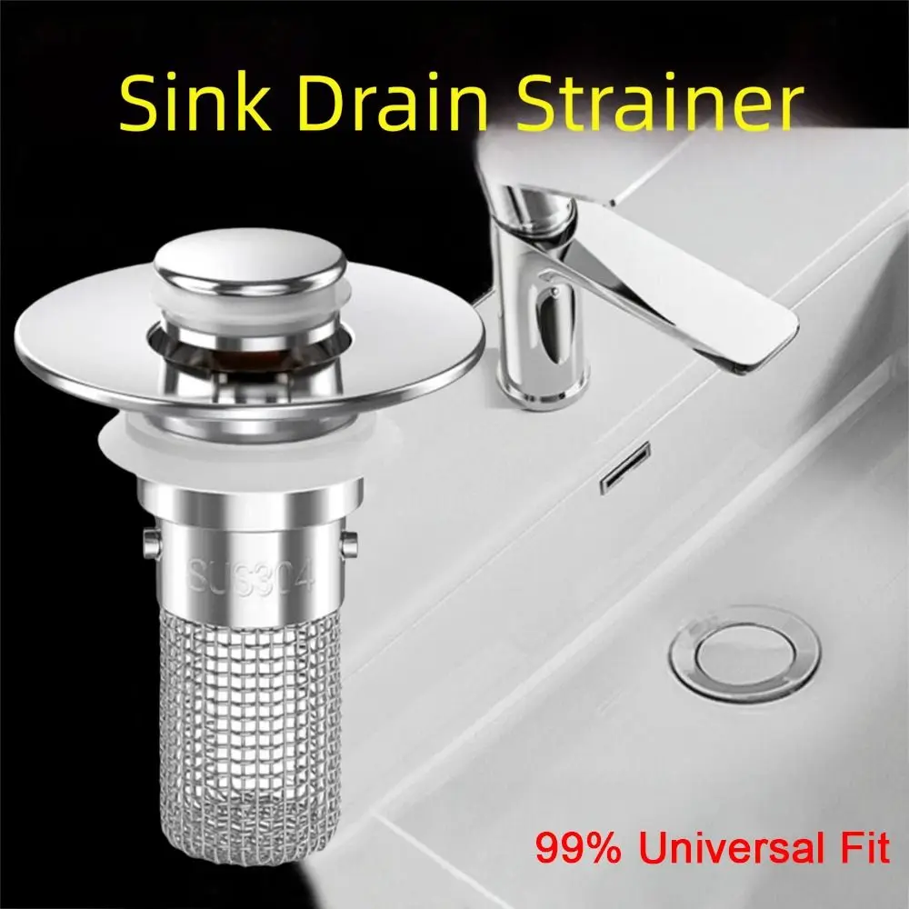 

Stainless Steel Bathroom Sink Drain Strainer Odor Proof Removable Basket Pop-Up Filter Universal Fit Bouncing Core Sink Strainer
