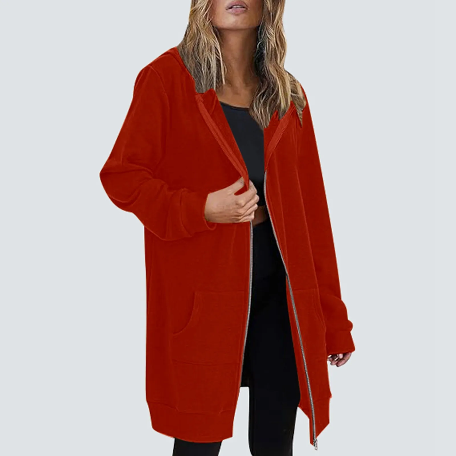 Autumn Mid-Length Zip Up Hooded Sweatshirts Women Solid Color Long Sleeve Loose Outwears Coat Plus Size Warm Jackets With Pocket