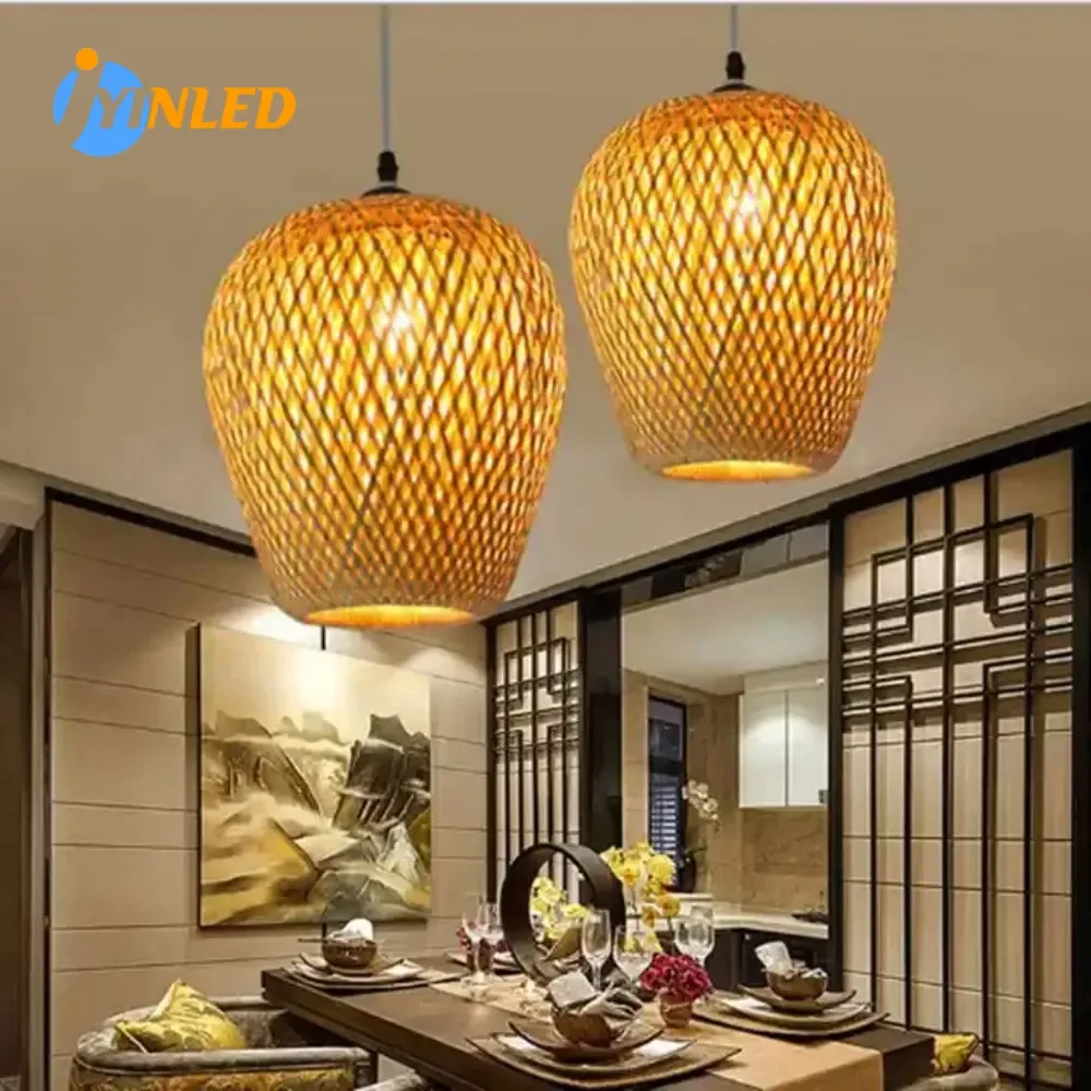 

Hand Knitted Chinese Style Weaving Hanging Lamps 18/19/30cm Restaurant Home Decor Lighting Fixtures Bamboo Pendant Lamp