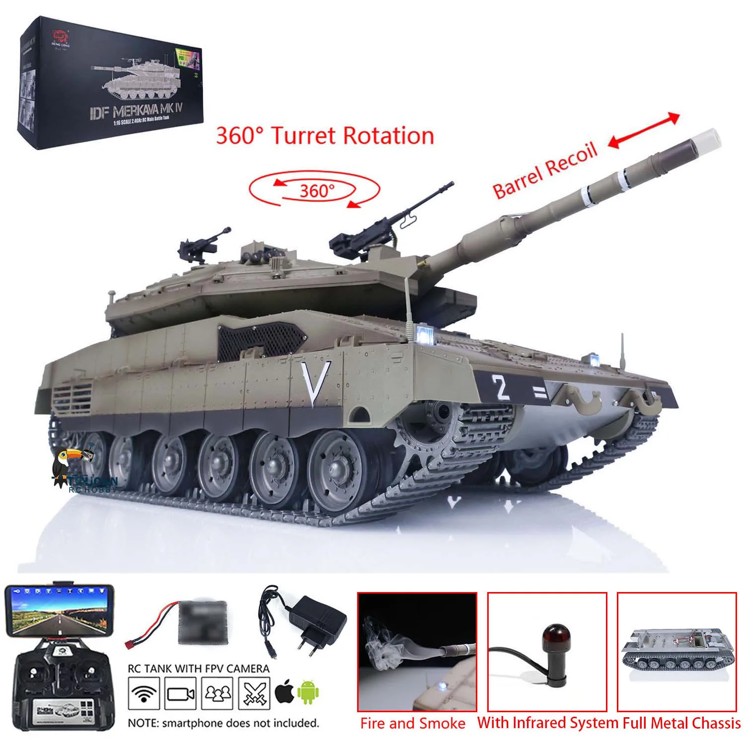 Toys 1/16 RC Battle Tank Heng Long IDF Merkava MK IV 3958 Full Metal Chassis FPV Remoted Panzer Cars TH22668