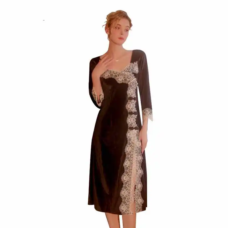 Wholesale Women's Winter Long Sleeve Sleepdress Lady Velvet Back Lace Nightdress Comfortable Long Home Dress Nightgown