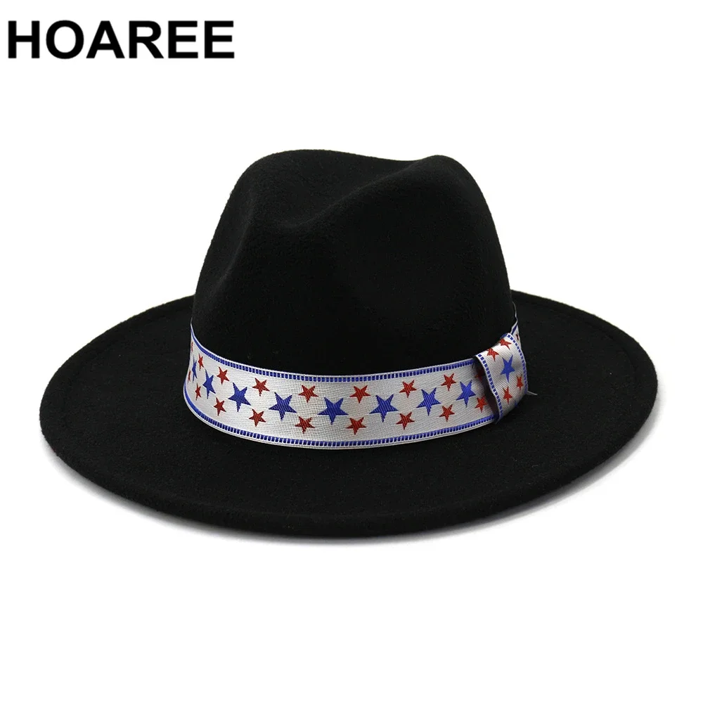 

HOAREE Black Wool Star Print Vintage Hats for Women Men Women Fedora Wide Brim Hat British Style Sombrero Yellow Felt Jazz Cap