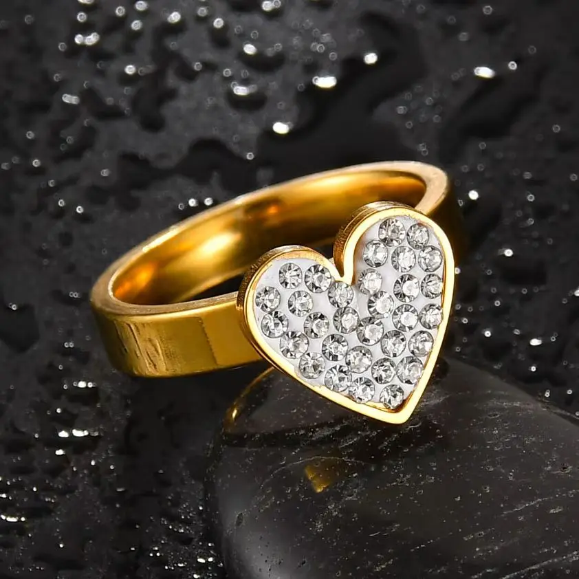 Full Crystal Love Heart Rings for Women Gold Color Wedding Engagement Bridal Jewelry CZ Propose Anniversary Gift