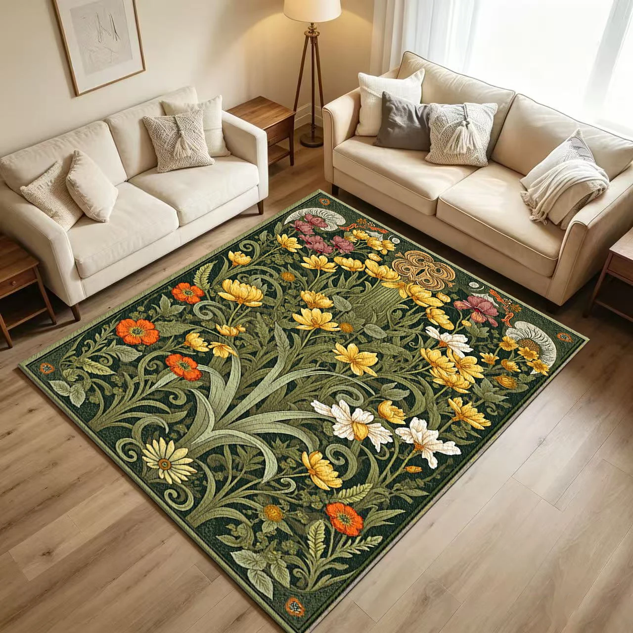 Art Nouveau Vintage Wild Floral Carpet Flooring Retro Green Yellow Orange Botanic Swirl Vine Printed Floor Rug for Household Room Home Art Decor