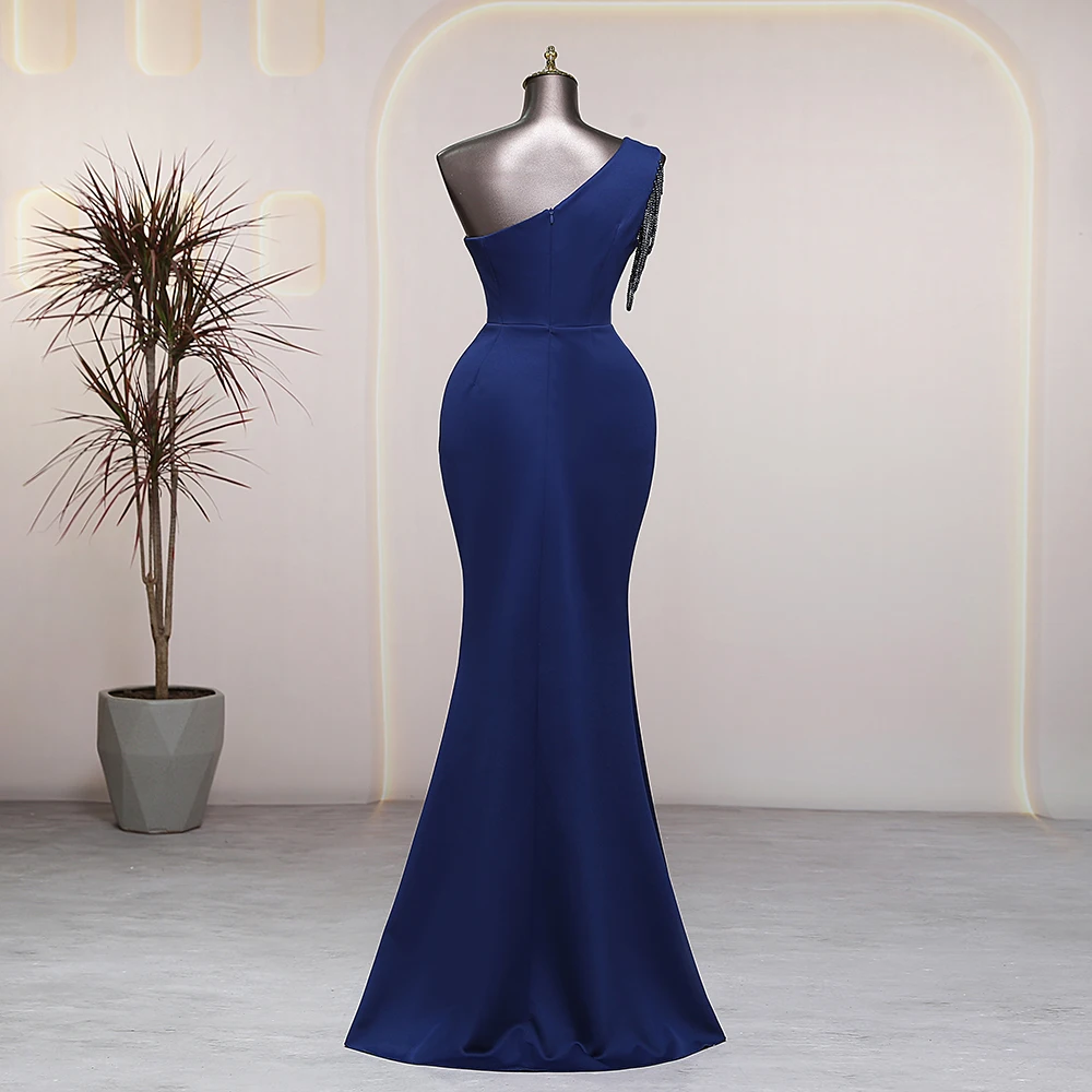 Exquisite Navy blue One-Shoulder Beads Long Mermaid Side Slits Evening Dress Women Prom Party Dress robes de soirée Bride dress