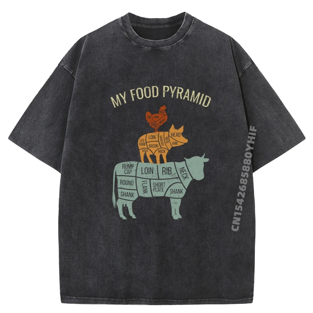 

Мужские классические топы, футболки с графическим рисунком, футболка с принтом «Моя еда», пирамида, ешьте мясо, мужская винтажная стираная одежда