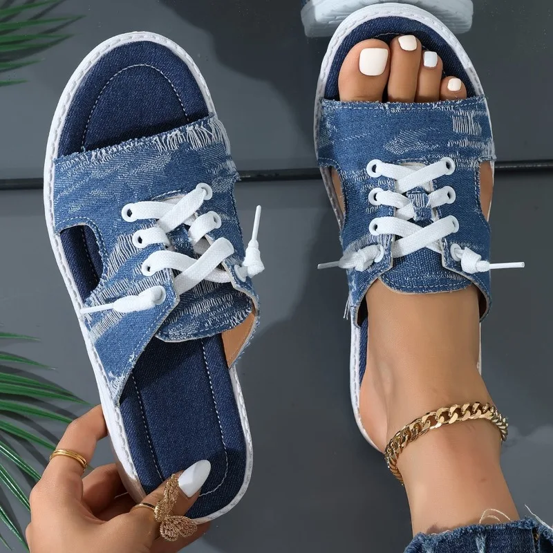 2024 Fashion Women\'s Canvas Sandals Light Breathable Summer Slippers Lace Up Open Toe Ladies Blue Denim Flat Shoes Zapatos Mujer