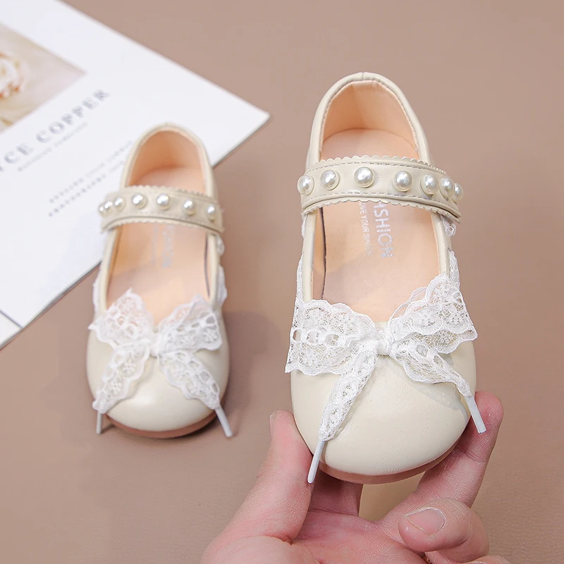 Kids Dress Leather Shoes Sweet Lace Decor Girls Perform Bow Flat Shoes Lightweight Wedding Party Children Princess School Shoes