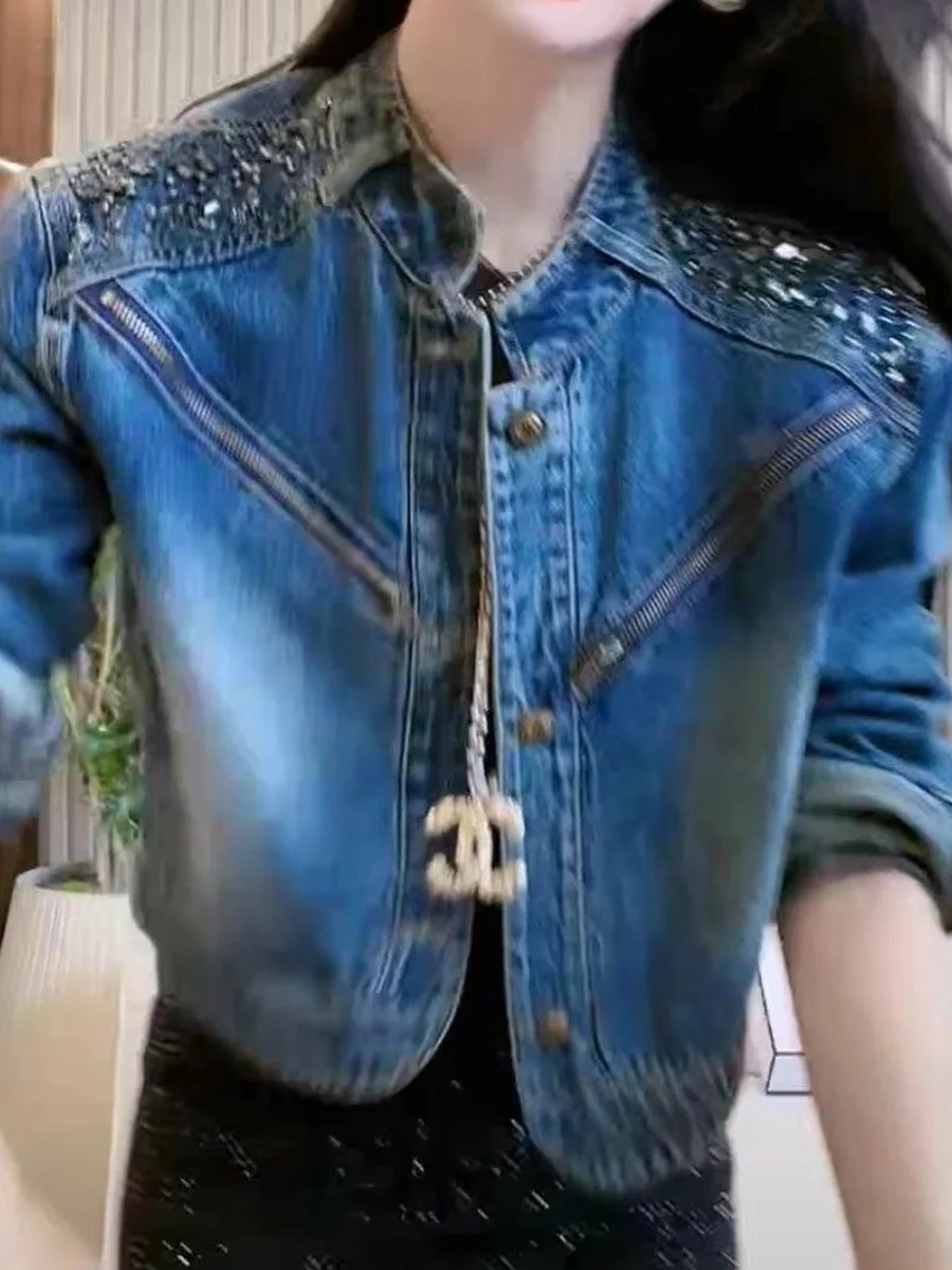 Unique Personality Zipper Short Denim Jacket Women's New Style High-End Feel Super Beautiful Diamond Embellished Jacket