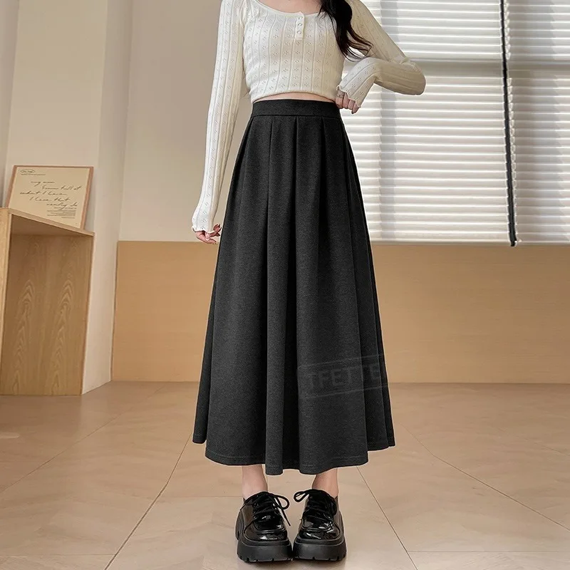 TFETTERS Korean Style Woolen Long Skirt Ladies Elastic Waist Pleated Flowy Midi Skirt Fall Winter Thick Warm A Line Casual Skirt