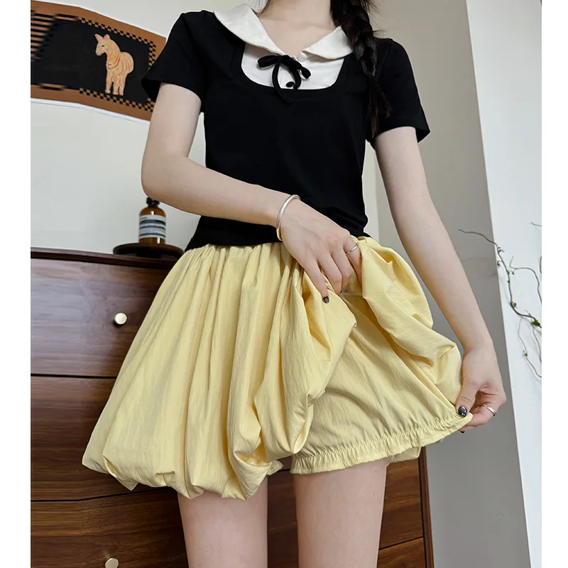 

Yellow Flower Bud Skirt Pants for Women, Summer Thin Style, Petite Slimming Sweet A-Line Short Skirt, High Waist Draped Puffy