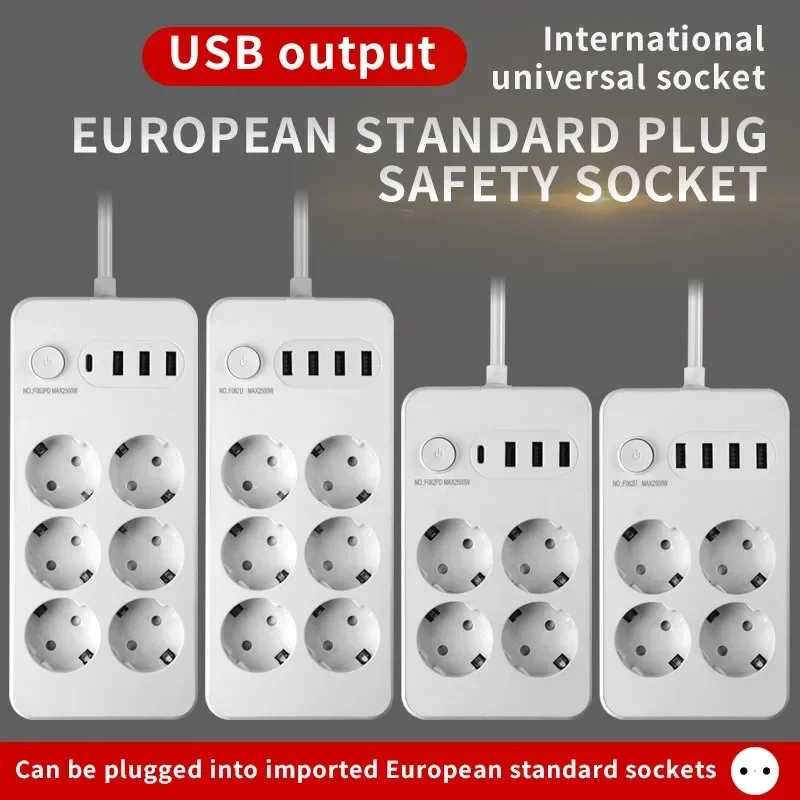 New High-power Socket Household USB Socket Switch 2500W 2 Meters Multi-functional Plug-in Board ABS Material European Standard