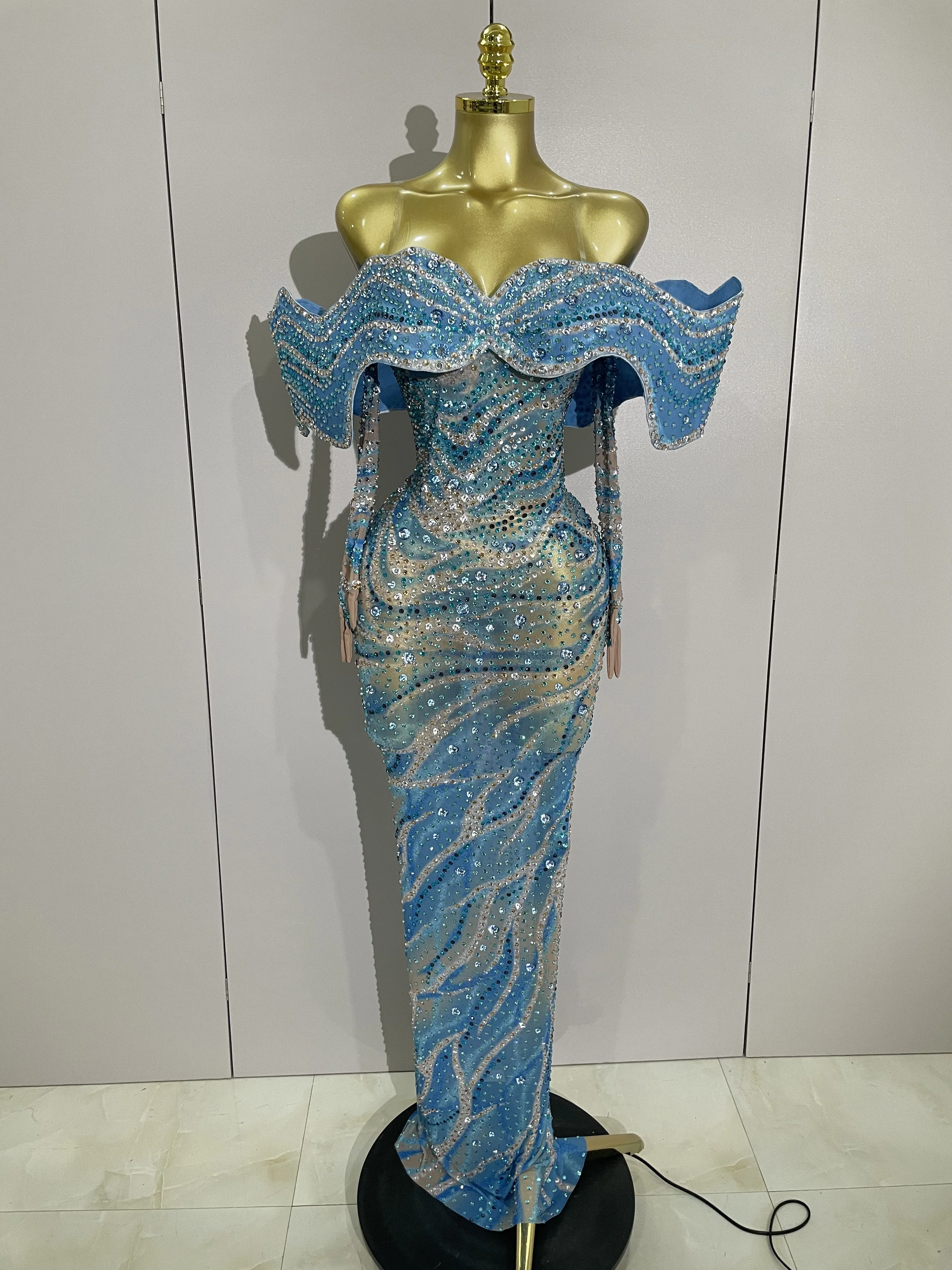 2025 luxo brilhante strass azul vestido longo com luvas feminino festa de noite vestidos de aniversário celebrar palco passarela vestidos