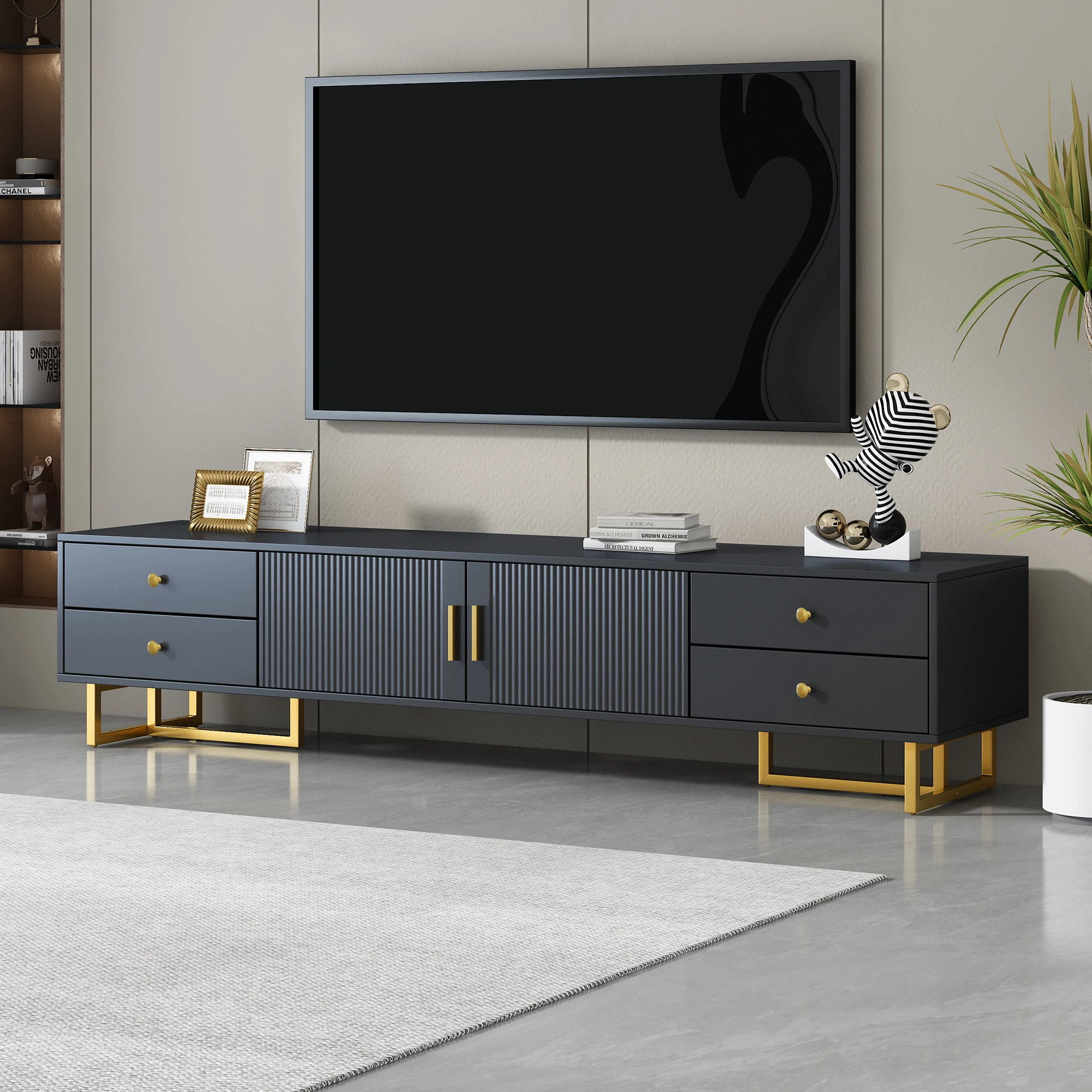 TV Stand for 65+ Inch TV, Entertainment Center Media Console Table with Storage, Modern TV Console Cabinet with 4 Drawers and 1 Cabinet, Wave Groove Door Design, T-Shaped Metal Frame, Living Room Furniture