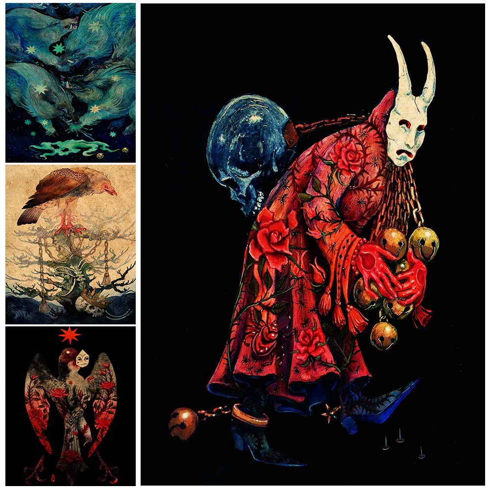 

Gothic Magic Style Dark Art Pictorial Art Poster Prints Devil With Giant's Skull On His Back Vintage Wall Art Canvas Painting