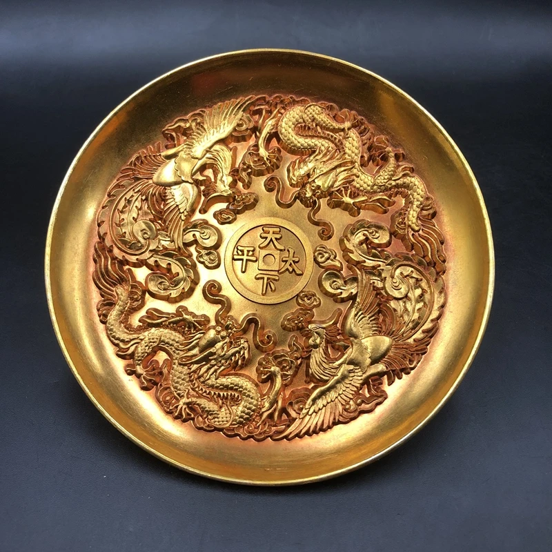 

Antique four beast flowers, world peace plate, gilt small plate, small home craft ornament, bronze ware