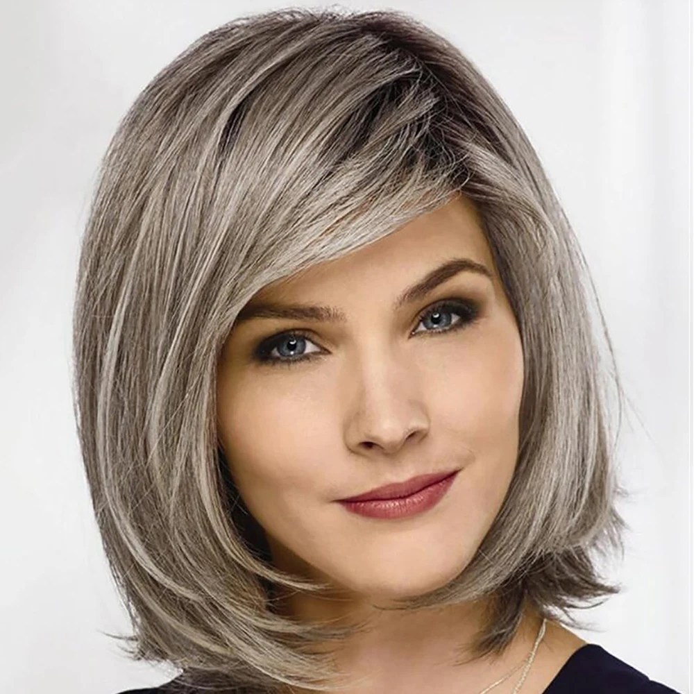 HAIRJOY Synthetic  Hair Wig Short Ombre Grey Wigs for Women Straight Layered Gray Bob Wig