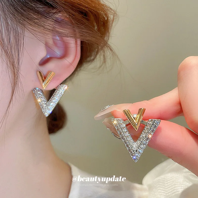 

Real Gold Electroplated Silver Needle Ins Style Earrings French Full Diamond One Two-wear Design Earrings Sweet Earrings Women