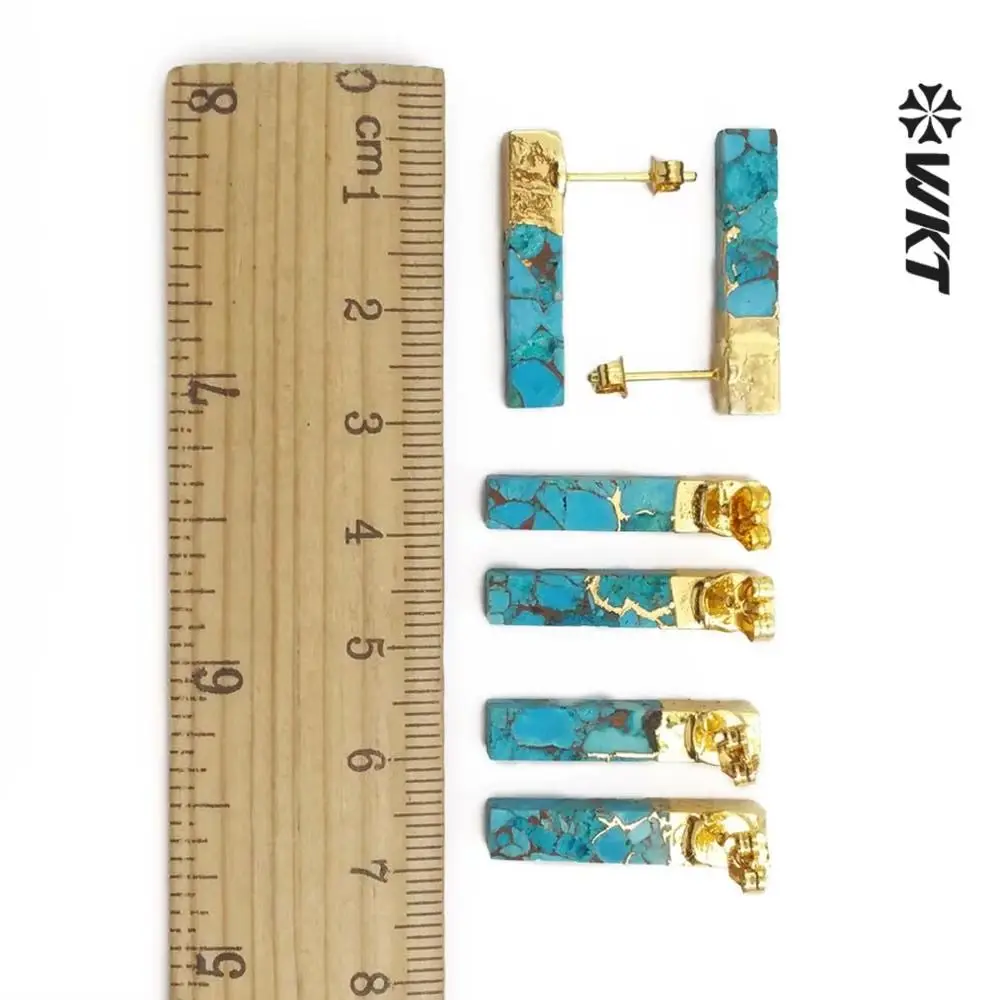 

WT-E548 WKT Gold Electroplated Rectangle Cylindrical Blue Vein Turquoises Earrings Women Fashion Party Jewelry