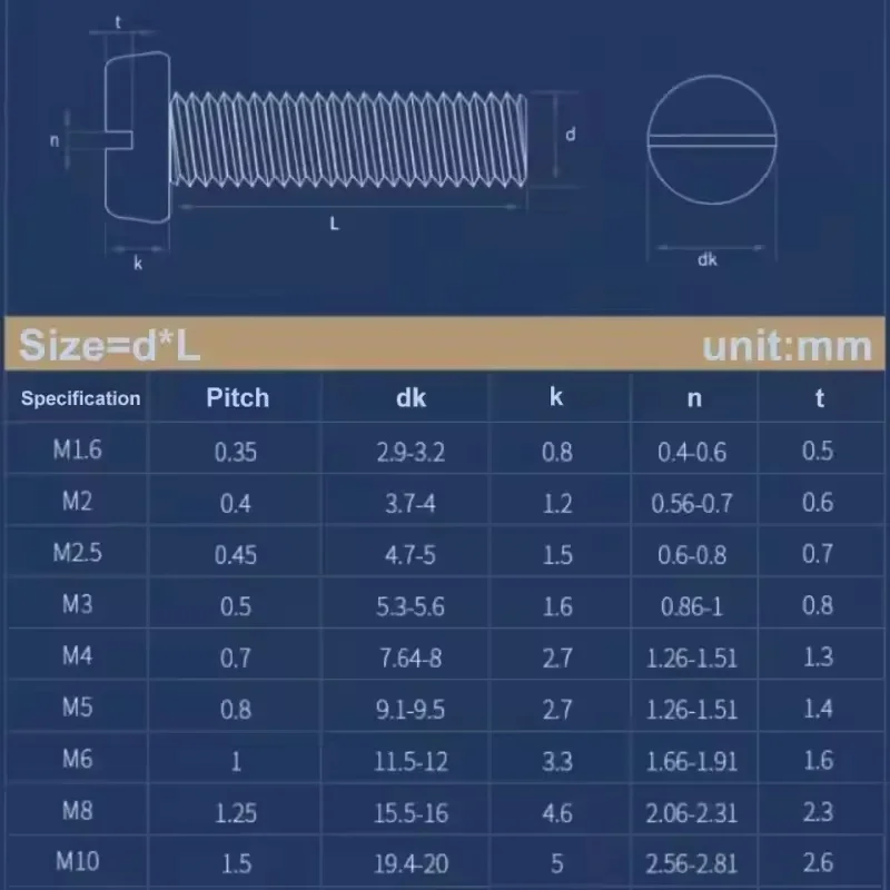 304 Stainless Steel M1.6 ~ M10 Slotted Cap Head Slot Column Round Cheese Head Screws Bolts Length 3 ~ 100mm