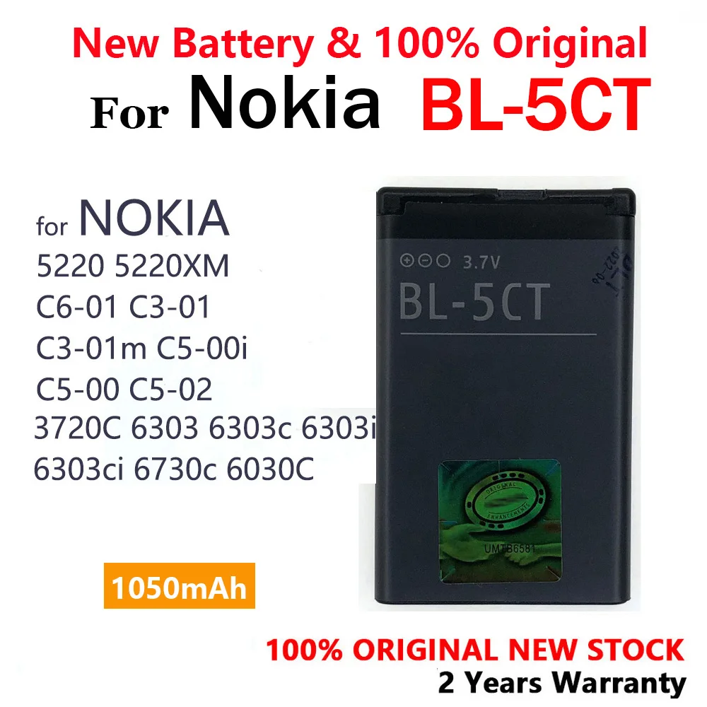 100% New Original 1050mAh 3.7V BL-5CT BL 5CT BL5CT Battery for Nokia 5220XM/6303C/6730C/C3-01 C5-00/C5-02 C6-01 3720 batteria