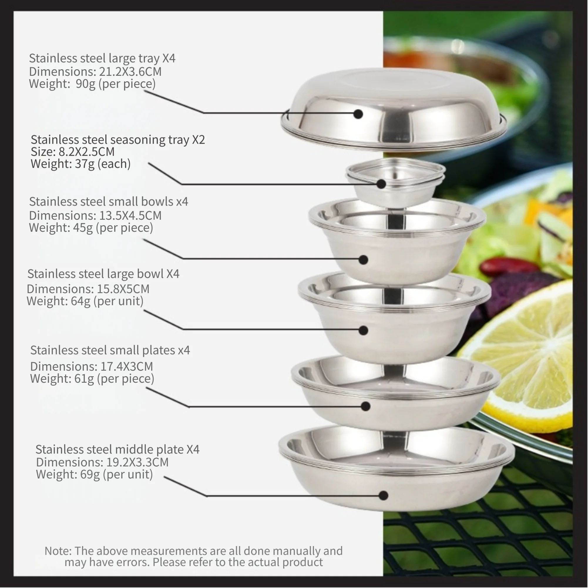 22 Piece Portable Stainless Steel Dinnerware Set for Camping For Picnic Outdoor Activities Stackable Bowls Plates Sauce Dishes