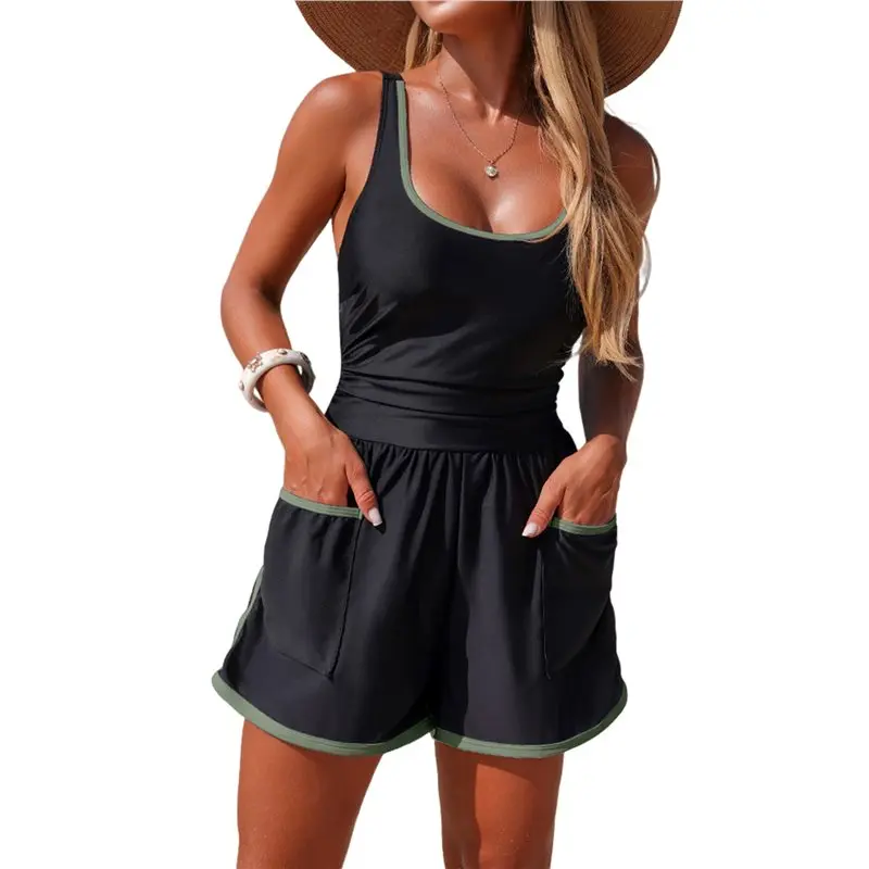 

CYL-Женский спортивный купальник-джоггер с цветовыми блоками, мягкими чашечками и карманами, черный и армейский зеленый, размер XXL