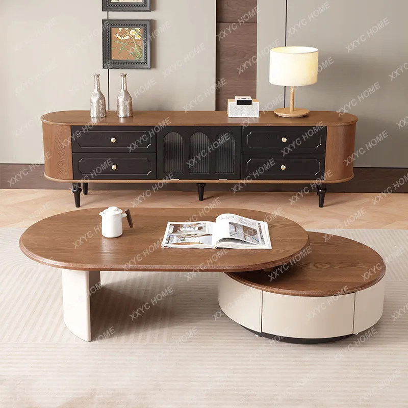Medieval style coffee table TV cabinet combination retro style round coffee table living room locker premium sense floor TV