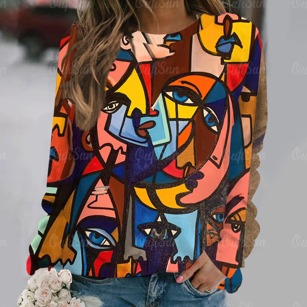 Geometry Abstract Print Women\'s T-shirts Vintage Art Long Sleeves Tees Autumn Casual Female Clothing Loose Daily Streetwear Tops