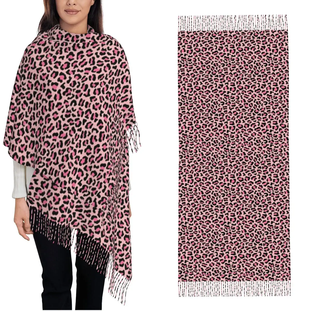 

Pink Leopard Scarf Womens Head Scarves with Tassel Winter Popular Shawl Wrap Warm Soft Printed Foulard