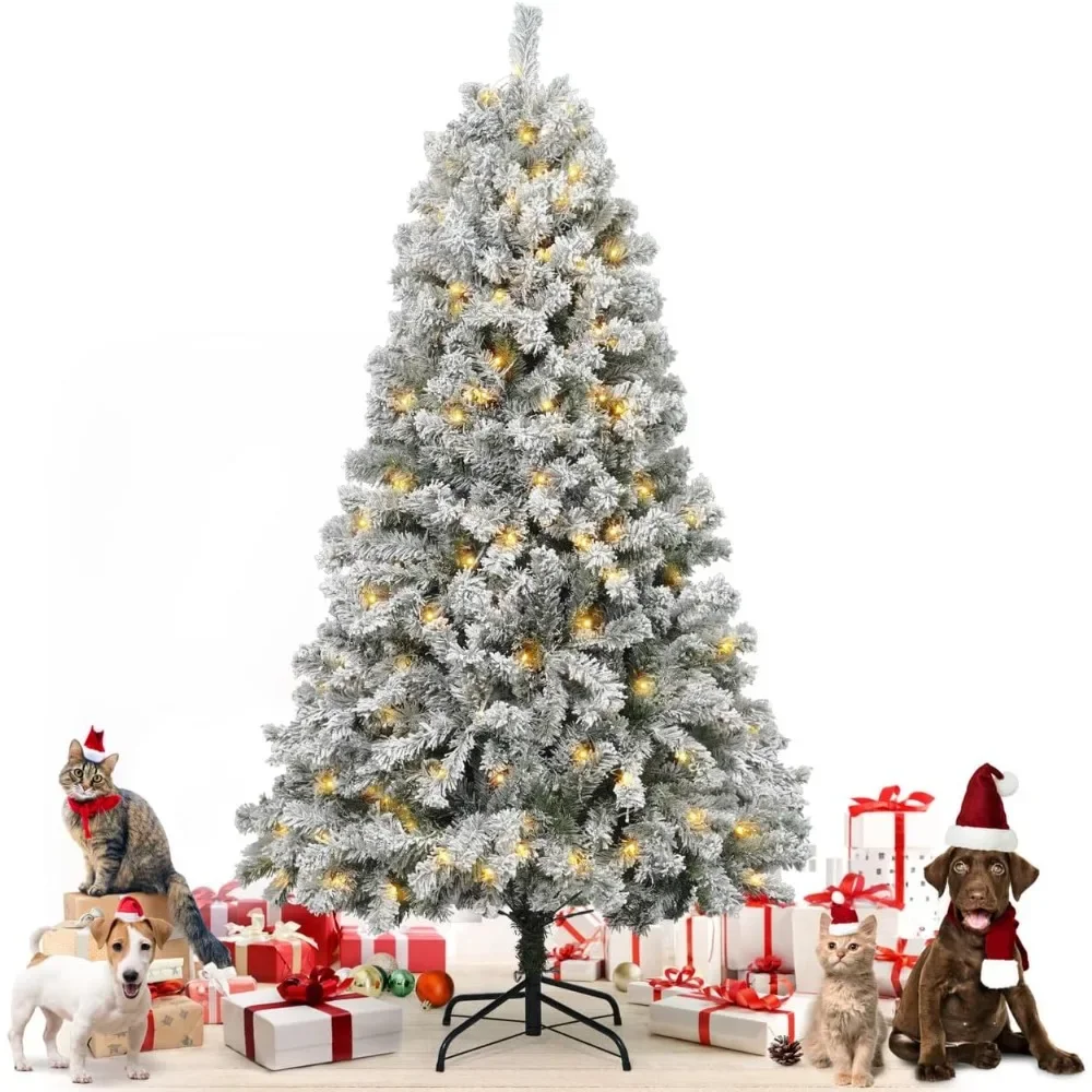 

6 Feet Snow Flocked Christmas Tree w/ 800 Branch Tips Pre-Hinged & Foldable Stand, 250 LED Lights, Christmas tree