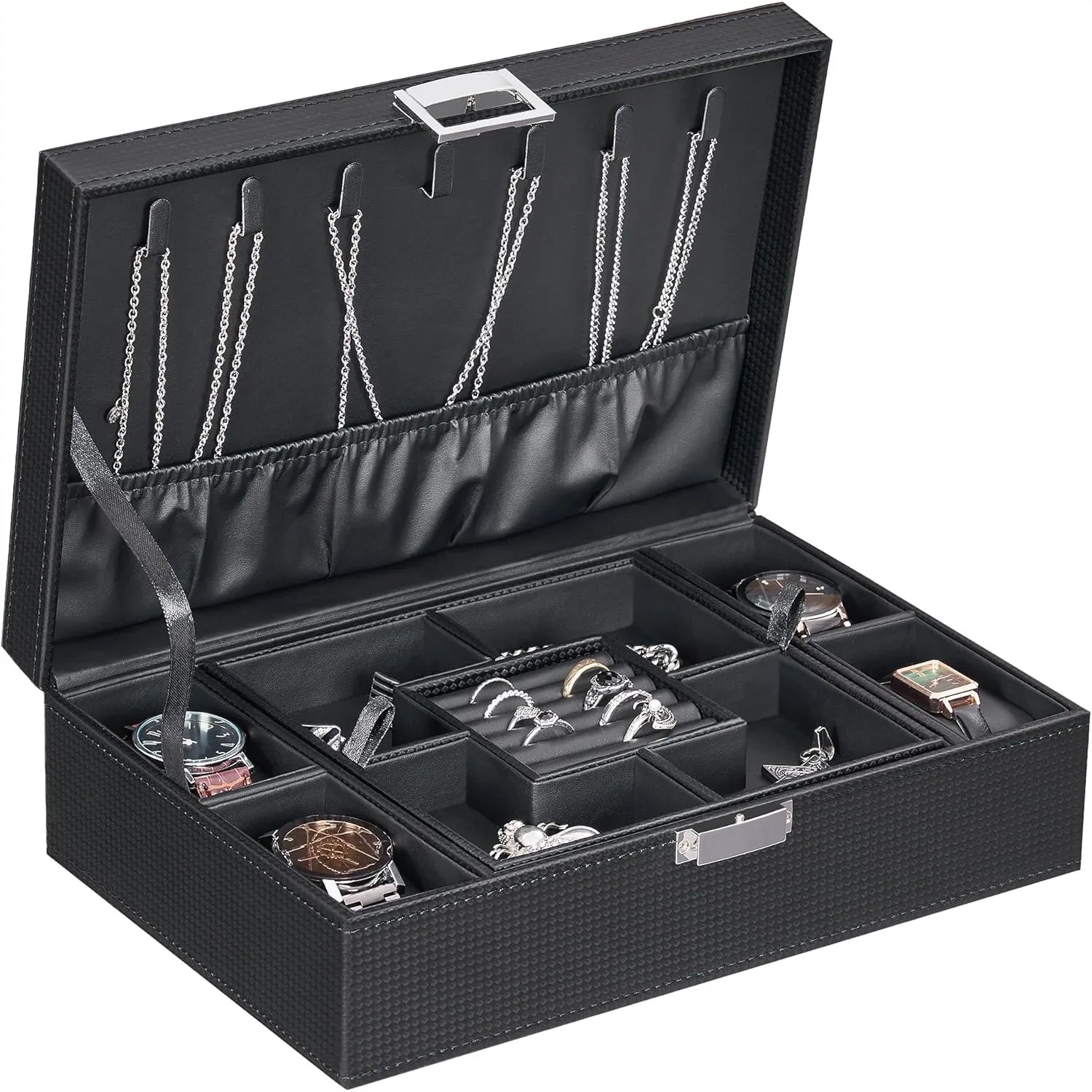 

Mens Jewelry Box Organizer with 4 Watch Case Removable Tray, Carbon Fiber Design Storage for Men Women, Black