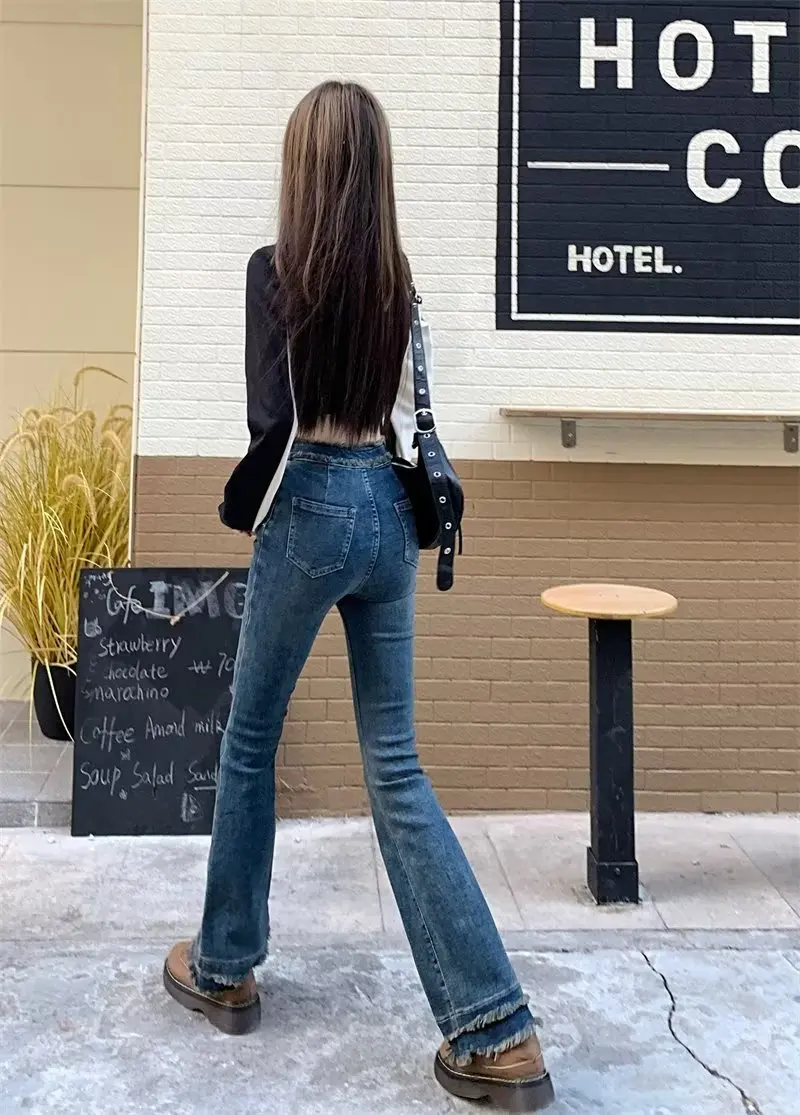 LEDP Women Jeans Retro High Waist Elastic Micro-Trumpet Jeans Female  Fashion Stretch Design Sense Raw Edge Pants Slim Straight