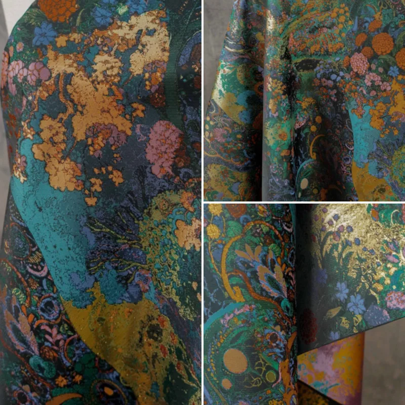 

L100cm X W164cm Artistic Jacquard Curtains Hanfu Fabric Home Sewing Handmade Dresses Floral Gold Thread Vintage Crafts Material