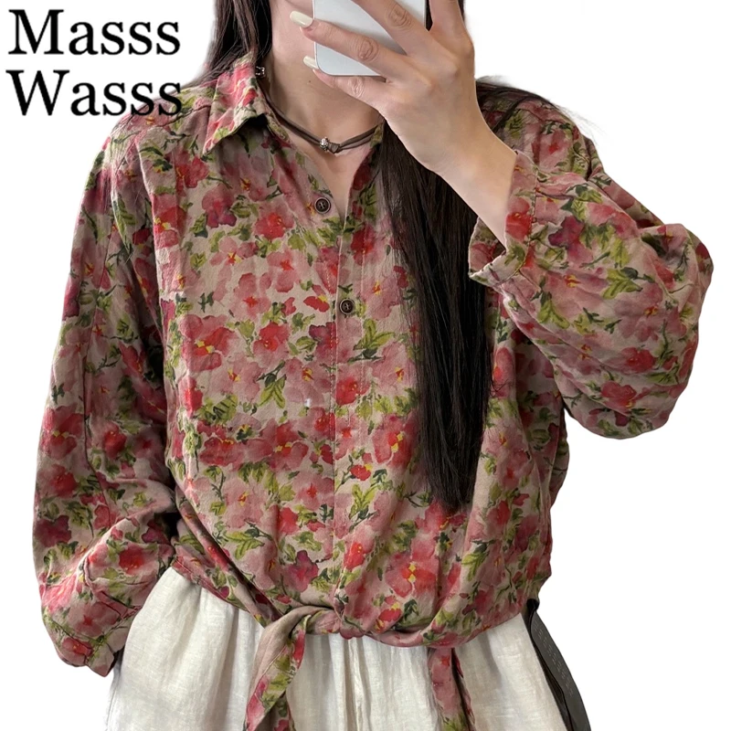

Masss Wasss 2025 Autumn Females Classic Leisure Loose Printed Blouses Womens Fashion Floral Shirts Vintage Clothes Cotton Tops