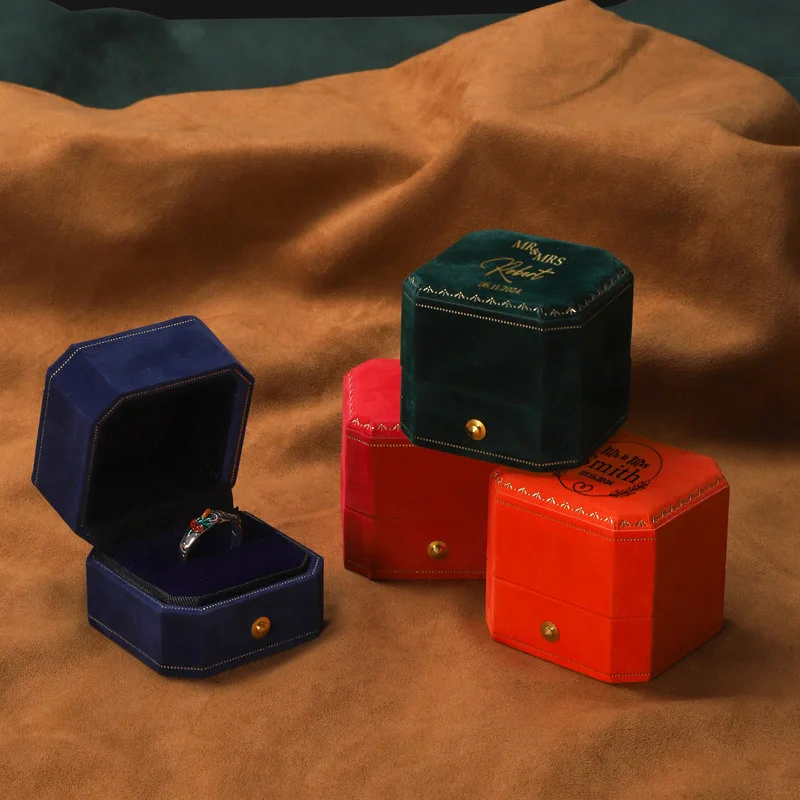 Personalized Velvet Octagonal Ring Box - Custom Engraved Wedding, Engagement & Anniversary Jewelry Storage Case with Golden Acce