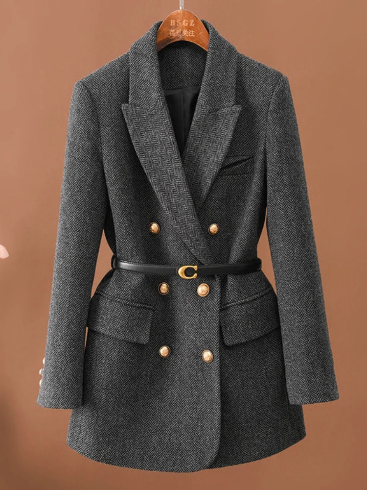 Thickened Woolen Suit Jacket Autumn Winter New Double-breasted With Belt Slim-Fit Commuting Fashion Mid-Length Tweed Coat Women