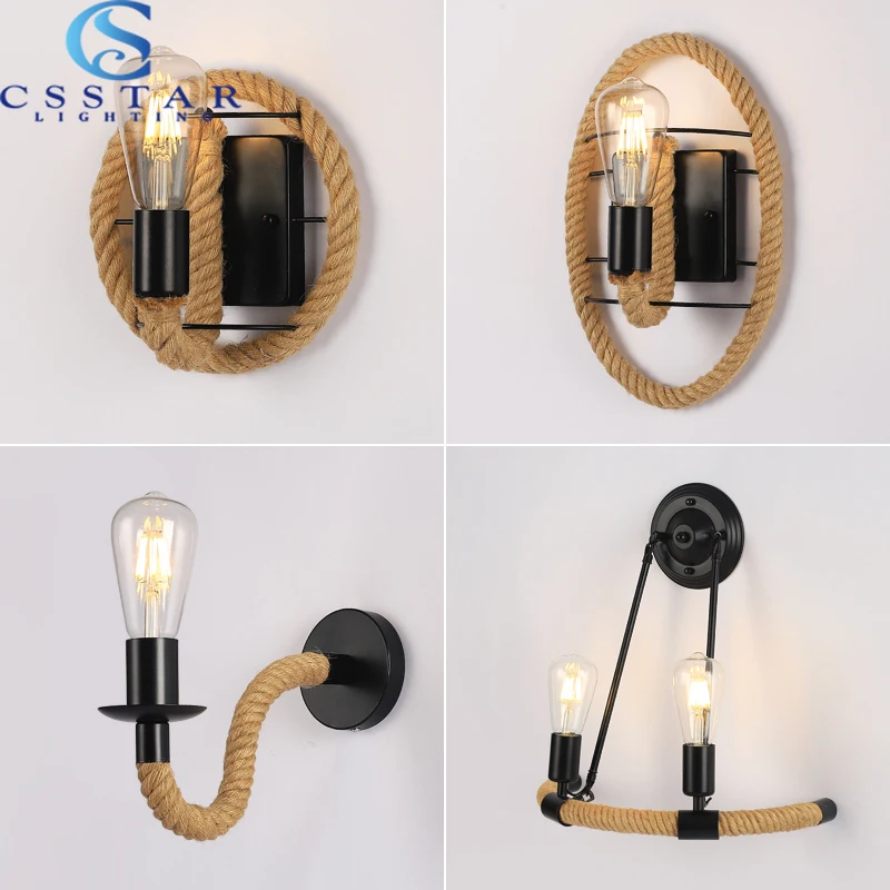 Hemp Rope Wall Lamp Retro Lamp Interior Wall Lamp Loft Industrial American Style E27 110V 220V Room Decor  Wall Light