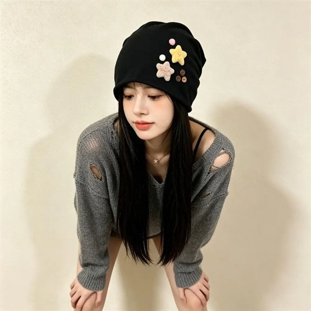 New Japanese Style Women's Beanie Star Detail Windproof Slouchy Beanie Face-Flattering Fit Warm Pull-On Hat Cold Weather