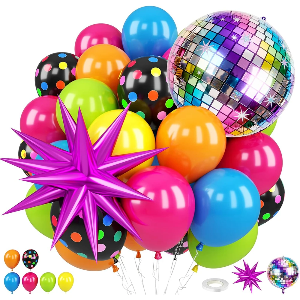 37-teiliges Set 80er 90er Disco mit Stern- und Discokugel-Folienballons für Disco-Party Retro-Tanzparty Neon-Thema Geburtstagsdekoration