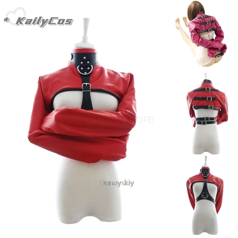 Women Black Red Sexy Open Breast Cupless Leather Bondage Strait Jacket Top Women's Restraint Straight Jacket Halloween Costume