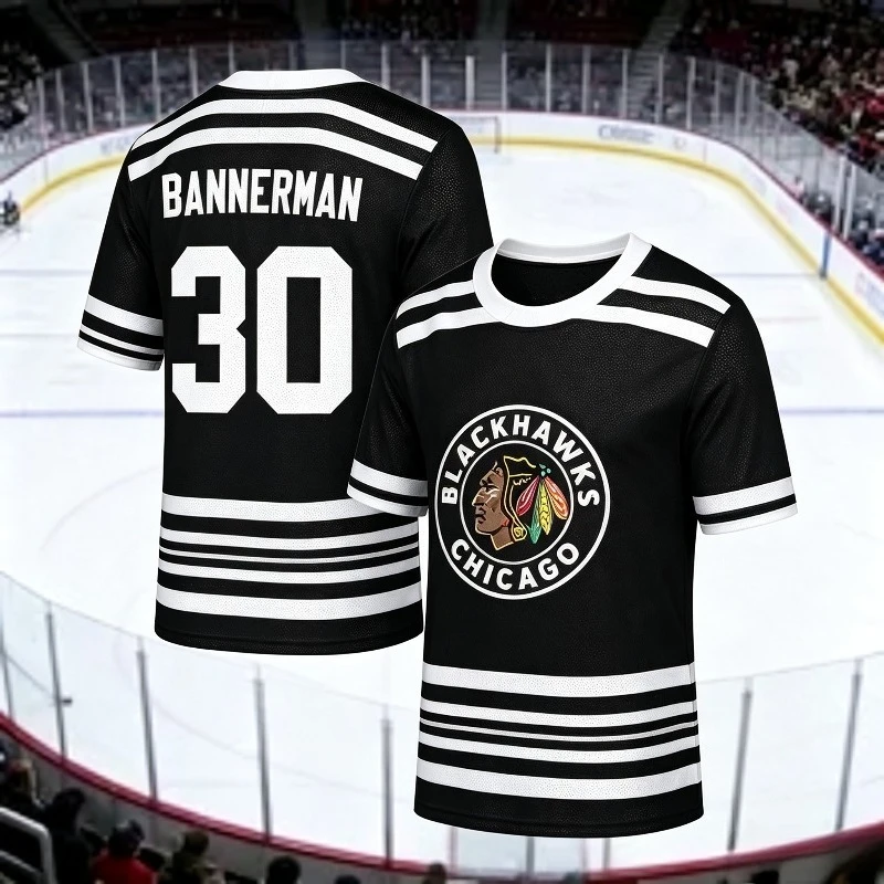 Bannerman #30 Chicago Blackhawks Ice Hockey Short Sleeve T Shirt Yellow Breathable Mesh Fan Sport Tee For Men Game Jersey Top